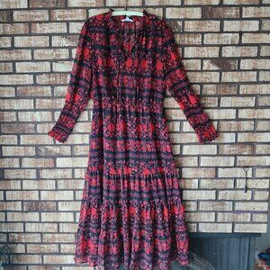 EUC BB Dakota Red Dress with Black Print and Tiered Skirt Size XL